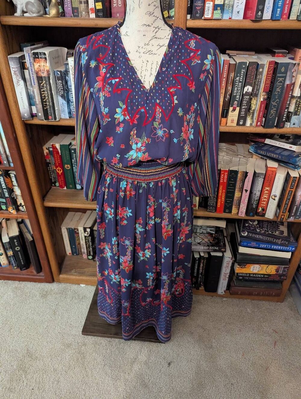 Vtg 80s Diane Freis Purple Floral Georgette Smocked Waist Boho Maxi Dress Sz M